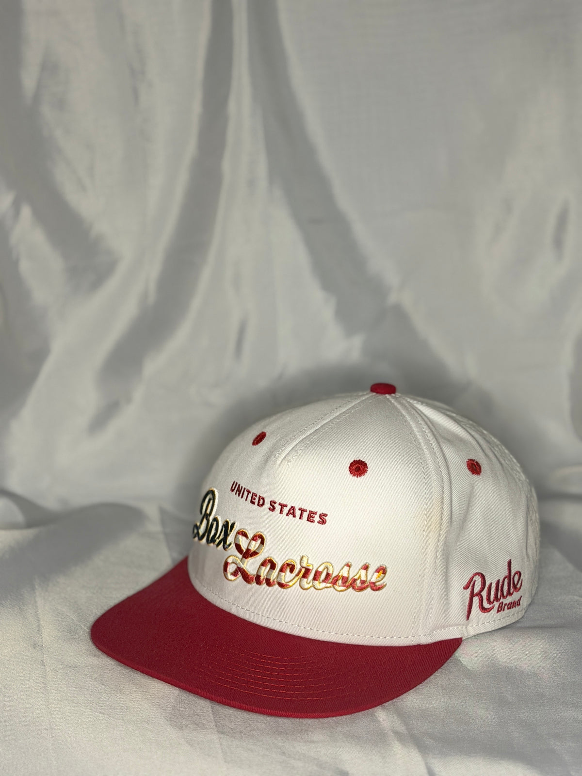 Rude Brand USBOXLA United States Box Lacrosse Snapback Hat White Red LAX